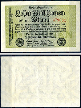 Германия 10000000 марок 1923 22 августа 1923, серия DV Pick 106 a бумага 7552-60-1-2