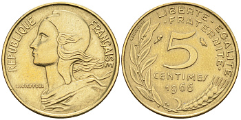 Франция 5 сантимов  1966 тип Марианна KM 933 никель алюминий медь 4115-254