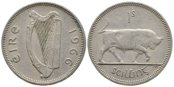 ИРЛАНДИЯ 1 ШИЛЛИНГ 1966 БЫК KM 14а медно-никель 4110-1222