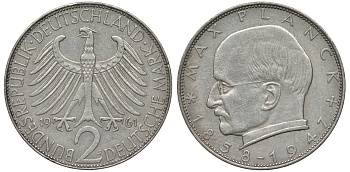 ФРГ 2 марки 1961 J, Макс Планк KM 116, J. 392 медно-никель плакированный никелем 4681-715