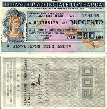 Италия чек на 200 лир 1977 17 февраля 1977, La Banca provinciale lombarda бумага 7203-42-1-1