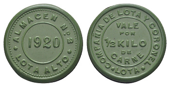 Чили, компании Лота и Коронель (Compania de Lota y Coronel) - Склад № 2 жетон в 1/2 килограмма мяса 1920 диаметр 30 мм, вес 4,5 гр не описан в Espinosa эбонит (зеленый) 1066-1-63
