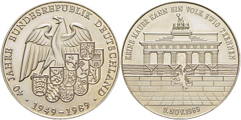 ФРГ МЕДАЛЬ 1989 СЕРИЯ 40 ЛЕТ ФРГ (1949-1989), 9 НОЯБРЯ 1989 ПАДЕНИЕ БЕРЛИНСКОЙ СТЕНЫ, НАРОДНОЕ ЕДИНСТВО, ДИАМЕТР 40 ММ. медно-никель UNC 4527-613