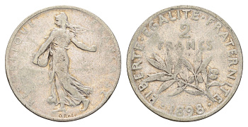 Франция 2 франка 1898 KM 845 серебро 93-316