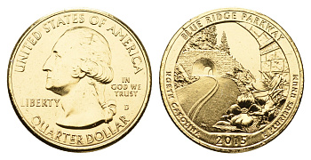 США 1/4 доллара (25 центов) 2015 Квотеры «Парки США» - Автомагистраль Блу-Ридж KM 599 медь плакированная золотом UNC 11-227-12
