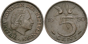 НИДЕРЛАНДЫ 5 ЦЕНТОВ 1950 ЮЛИАНА KM 181 бронза 95-242