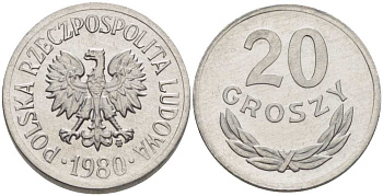 ПОЛЬША 20 ГРОШЕЙ 1980 MW KM А47 алюминий UNC 201-467