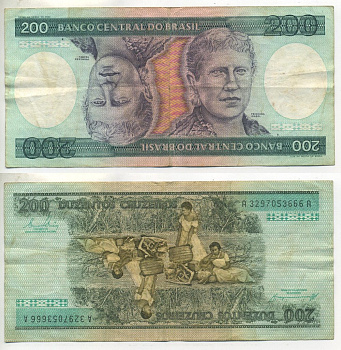 БРАЗИЛИЯ 200 КРУЗЕЙРО 1984 ПОДПИСЬ 21, СЕРИЯ А 3297, ПРИНЦЕССА ИЗАБЕЛА Pick 199b бумага 7547-94-2