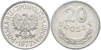 ПОЛЬША 20 ГРОШЕЙ 1977 MW KM А47 алюминий 4448-824
