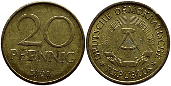 ГДР 20 пфеннигов 1969 А, первый год KM 11 латунь UNC 4398-1151