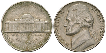 США 5 центов 1969 S (Сан-Франциско) KM A192 медно-никель 4592-324