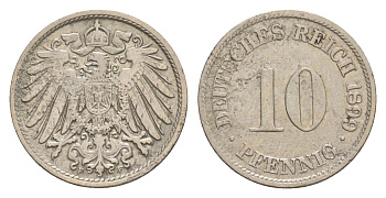 Германия 10 пфеннигов 1899 F, Вильгельм II (1888-1918) KM 12, J. 13 медно-никель 4640-243