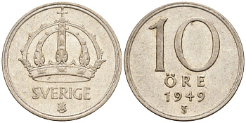 Швеция 10 эре 1949 Густав V (1907-1950) KM 813 серебро 4588-1113