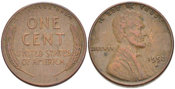 США 1 ЦЕНТ 1952 D, ЛИНКОЛЬН KM А132 медь цинк 3309-814