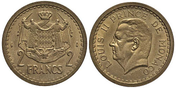 Монако 2 франка 1945 Луи II (1922-1949) KM 121а алюминиевая бронза 114-512
