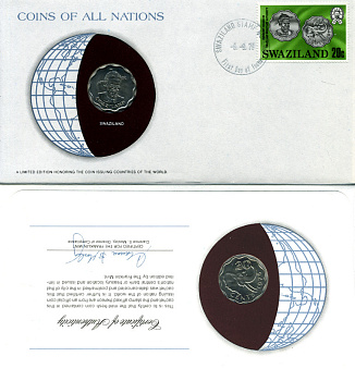 СВАЗИЛЕНД 20 ЦЕНТОВ 1975 конверт с маркой первого дня гашения, Coins of Nations KM 11 медно-никель UNC 4294-20-2