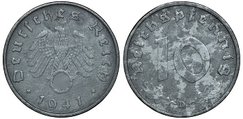 ГЕРМАНИЯ 10 РЕЙХСПФЕННИГОВ 1941 D J. 371, KM 101 цинк 72-1431