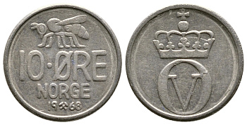 Норвегия 10 эре 1968 пчела, Улаф V (1958-1991) KM 411 медно-никель 220-454