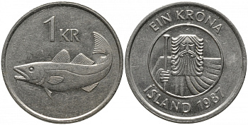 Исландия 1 крона 1987 треска KM 27 медно-никель 181-637
