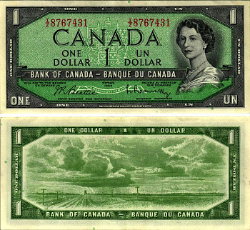 КАНАДА 1 ДОЛЛАР 1961-1972 ЕЛИЗАВЕТА II, ПОДПИСЬ BEATTIE-RASMINSKY, BABNC Pick 75b бумага XF 7221-57-2