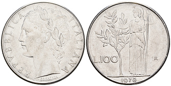 Италия 100 лир 1978 R, богиня Афина KM 96.1 нержавеющая сталь 259-153