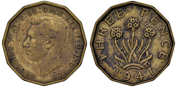 Великобритания 3 пенса 1941 Георг VI (1936-1952) KM 849, Spink 4112 никель латунь 4128-833