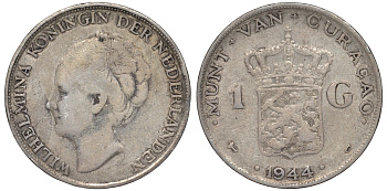 Нидерландское Кюрасао 1 гульден 1944 D, Вильгельмина (1890-1948) KM 45 серебро 36-713
