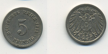 Германия 5 пфеннигов 1911 A KM 11, J. 12, Weege 6 медно-никель 23-1443