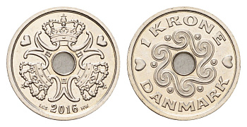 Дания 1 крона 2016 Маргрете II (1972-2024) KM 873 медно-никель UNC 75-819