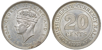 Британская Малайя 20 центов 1939 Георг VI (1937-1952) KM 5 серебро 53-334