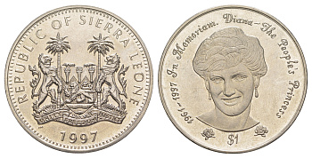 Сьерра-Леоне 1 доллар 1997 Диана - Народная принцесса, бюст Дианы KM 72 медно-никель BU 1082-6-23