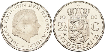 Нидерланды 2 1/2 гульдена 1980 Юлиана (1948-1980) KM 191 никель 4593-641