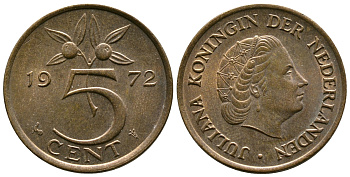 Нидерланды 5 центов 1972 Юлиана (1948-1980) KM 181 бронза 177-143