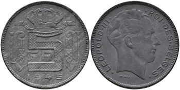 БЕЛЬГИЯ 5 ФРАНКОВ 1945 BELGES, ГЕРМАНСКАЯ ОККУПАЦИЯ, ВТОРАЯ МИРОВАЯ ВОЙНА KM 129.1 цинк 93-1311