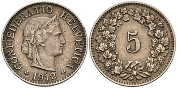 Швейцария 5 раппенов 1912 KM 26 медно-никель 4596-454