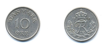 ДАНИЯ 10 ЭРЕ 1958 C; S, ФРЕДЕРИК IX (1947-1972) КМ 841.2 медно-никель 51-4346