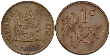 ЮАР 1 ЦЕНТ 1980 ГЕРБ, КАПСКИЕ ВОРОБЬИ KM 82 бронза 66-261