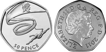 Великобритания 50 пенсов 2011 XXX летние Олимпийские игры в Лондоне в 2012 году, гимнастика, в оригинальном картонном буклете, с Олимпийской голограммой (14/29) KM 1170 медно-никель  UNC  3-6-6-06