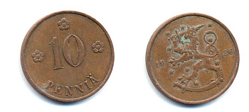 Финляндия 10 пенни 1936 республика (1918-1962) KM 24 медь 51-5522