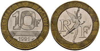 Франция 10 франков 1991 тип Гений Бастилии KM 964.1, Le Frank 375.6 биметалл 4138-332