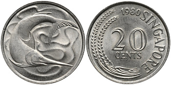 Сингапур 20 центов 1980 тунец KM 4 медно-никель 4577-857