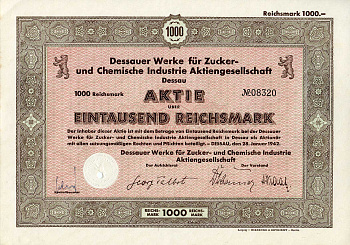 Германия 1000 рейхсмарок 1942 АО заводов Дессау для сахарной и химической промышленности, акция   бумага   8802-44-1