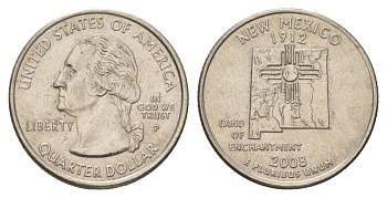 США 25 центов (квотер, 1/4 доллара) 2008 P, Квотер штата Нью-Мексико KM 422 медь плакированный медно-никелем UNC 4629-147