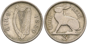 Ирландия 3 пенса 1950 заяц KM 12а медно-никель 92-226
