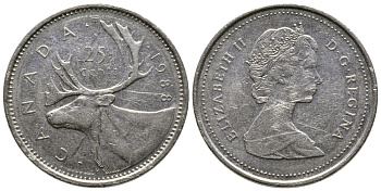 Канада 25 центов 1988 Елизавета II (1952-2022), олень KM 74 никель 4681-812