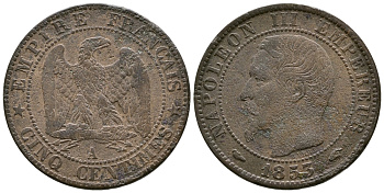 ФРАНЦИЯ 5 САНТИМОВ 1853 А, НАПОЛЕОН III (1852-1870) KM 777.1, LE FRANC 116.1 бронза 47-122