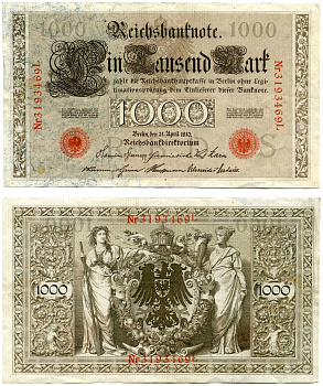 Германия 1000 марок 1910 21 апреля 1910, буква S, номер семизначный, серия L, выпуск (08.1922) Pick 44b, Розенберг 45с бумага 00-00