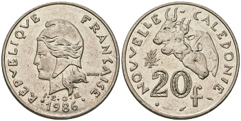 Французская Новая Каледония 20 франков 1986 три быка, (IEOM) KM 12, Schoen 14, Lec 112 никель 4123-224