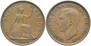 Великобритания 1 пенни 1944 Георг VI (1936-1952) KM 845, Spink 4114 бронза 32-521