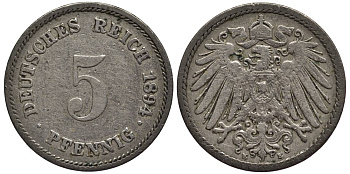 ГЕРМАНИЯ 5 ПФЕННИГОВ 1894 E KM 11, Jager 12, Weege 6 медно-никель 4547-342